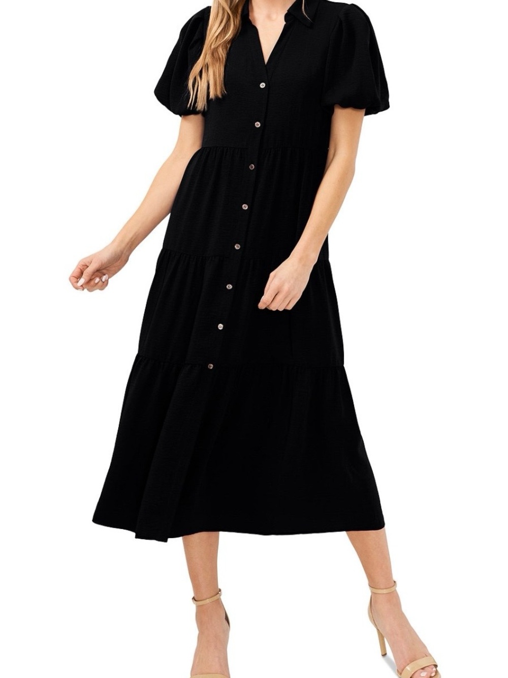 CeCe Black Button-Front Puff-Sleeve Midi Dress